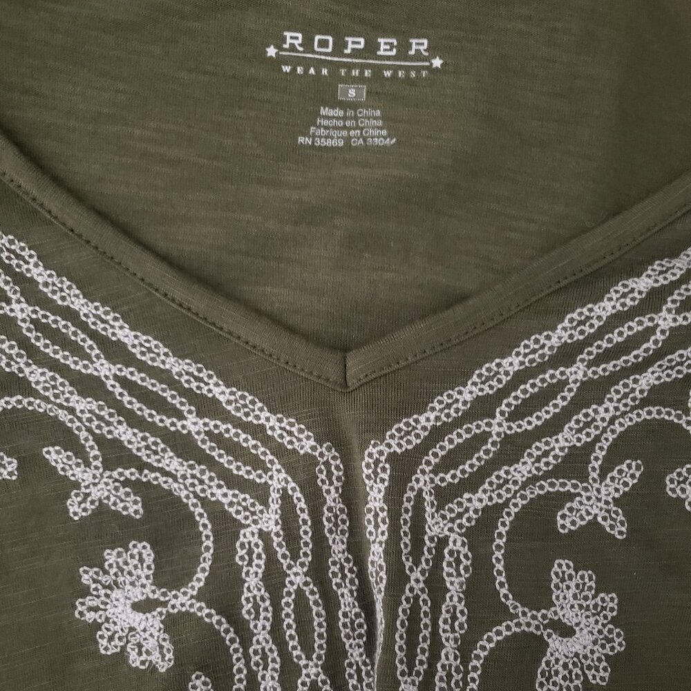 Roper Peasant Top S Embroidered Flared Sleeves Olive Green Boho Hippie - Picture 6 of 8